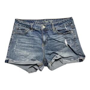 Vanilla Star Distressed Denim Shorts Size 13 Mid Rise Frayed Hem Blue Jean